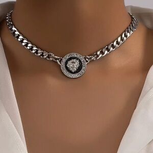 Silver Lion Medallion Chain Choker Necklace